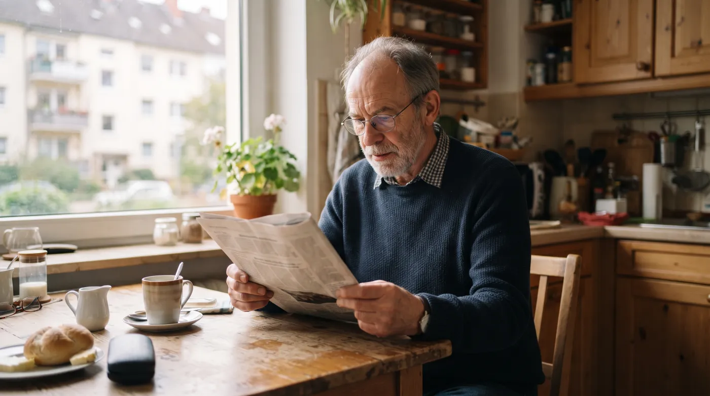 Mann liest morgens Zeitung am Küchentisch