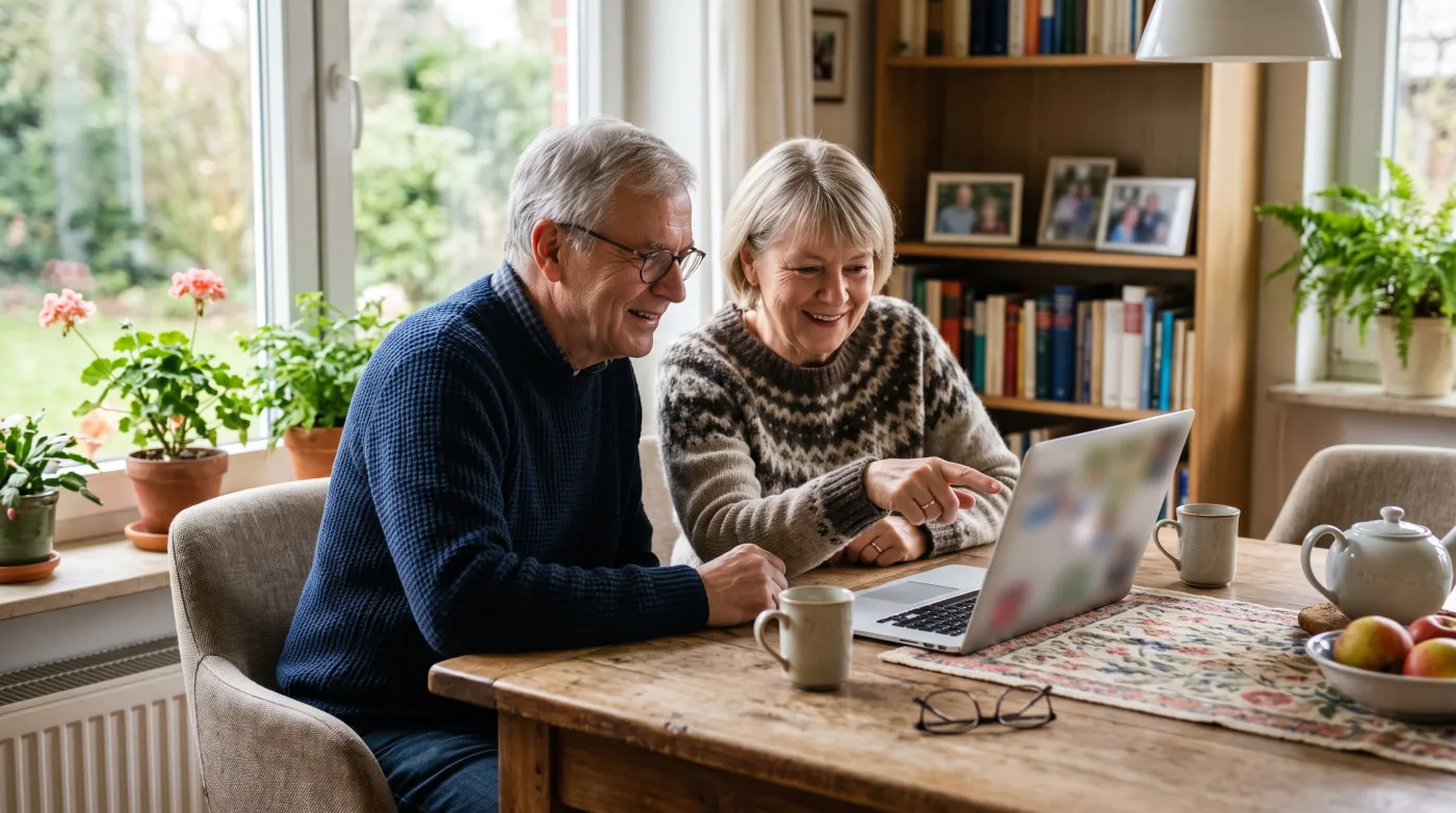 Paar im Ruhestand sieht gemeinsam auf einen Laptop