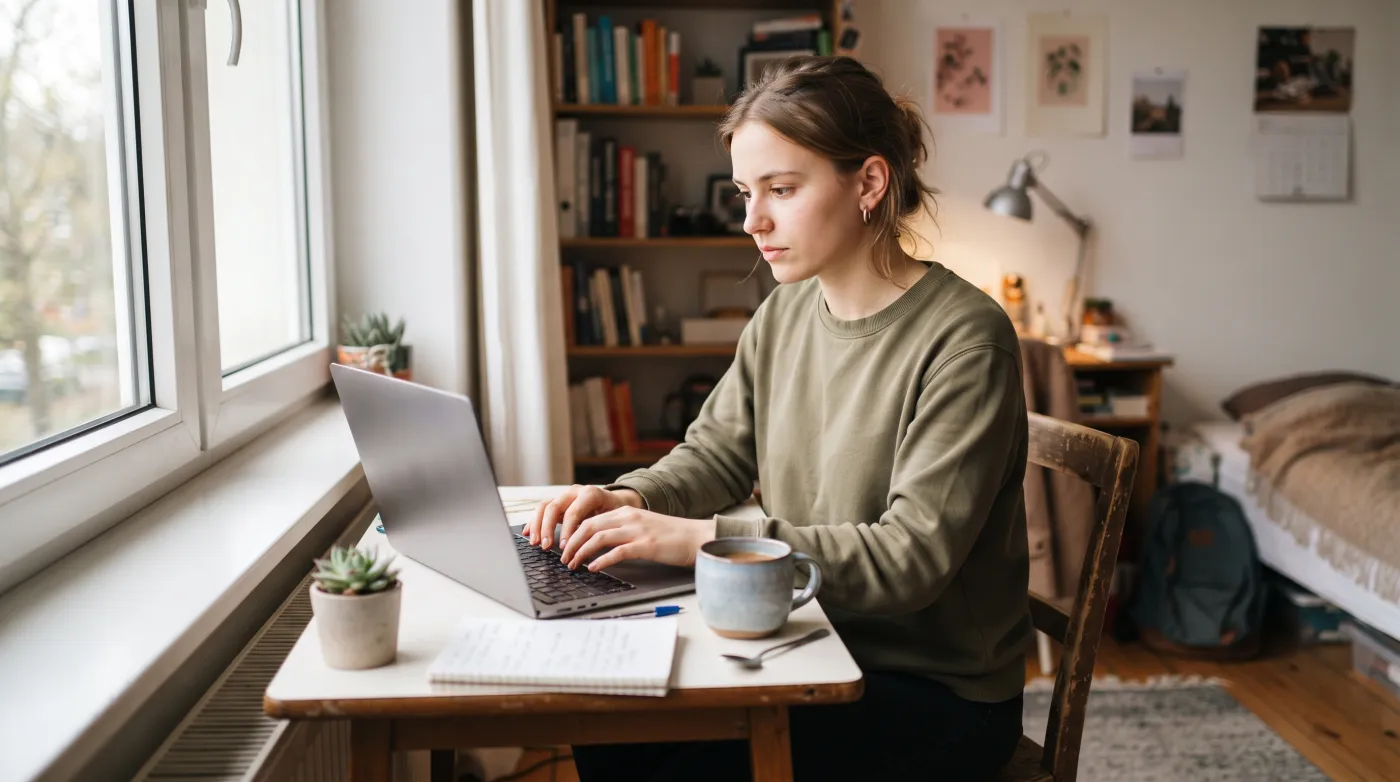 Junger Erwachsener am Schreibtisch mit Laptop
